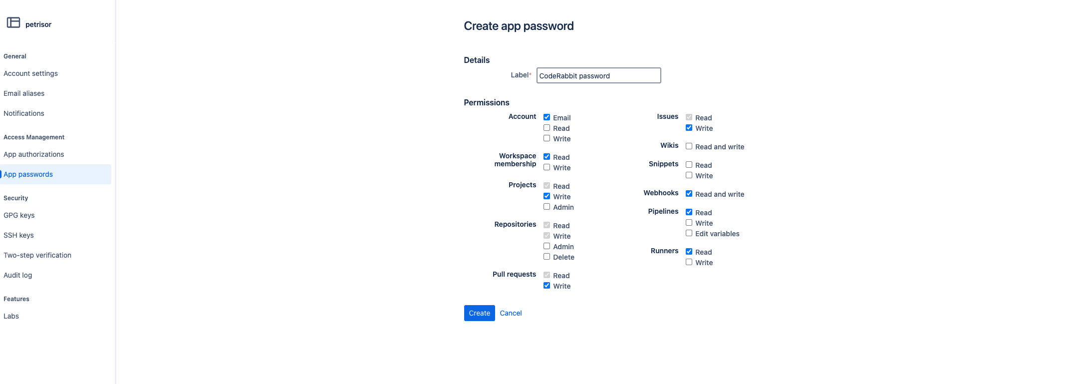 Bitbucket app password configuration page